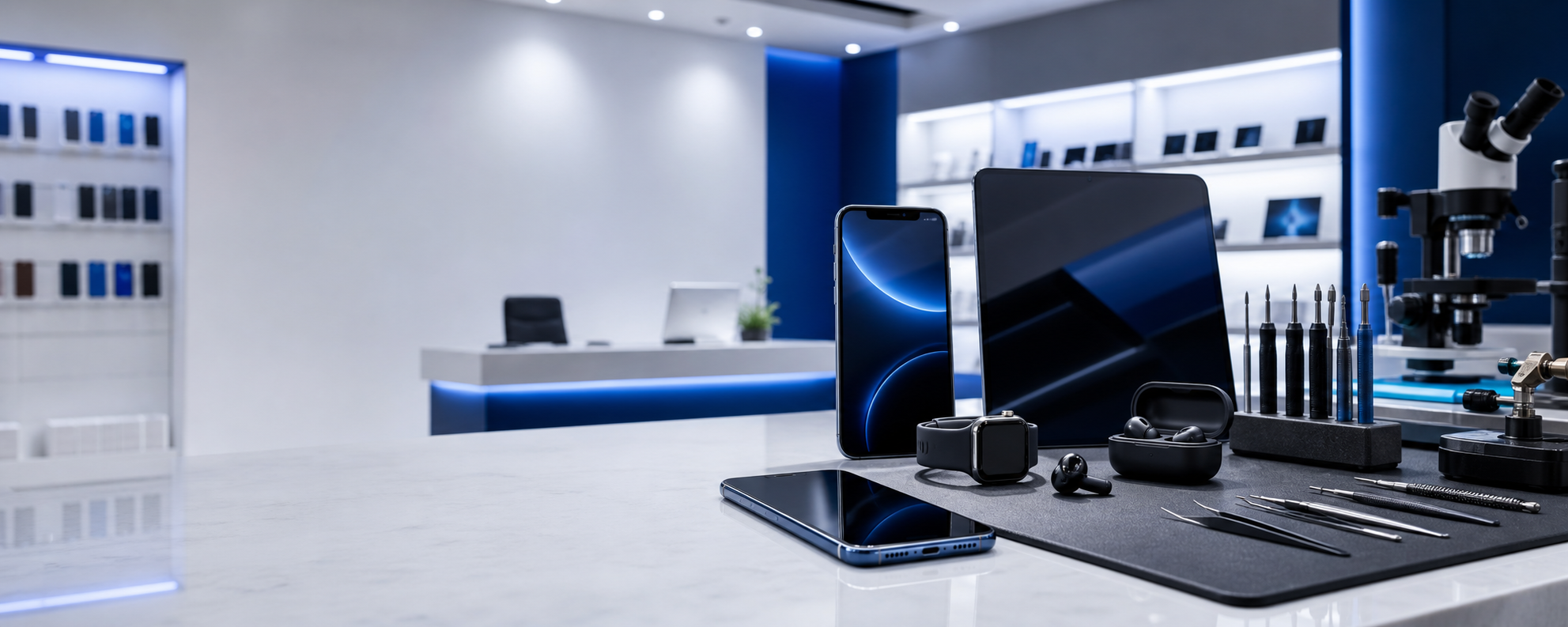 Balcão moderno de tecnologia com smartphones, tablets, acessórios e bancada de reparo